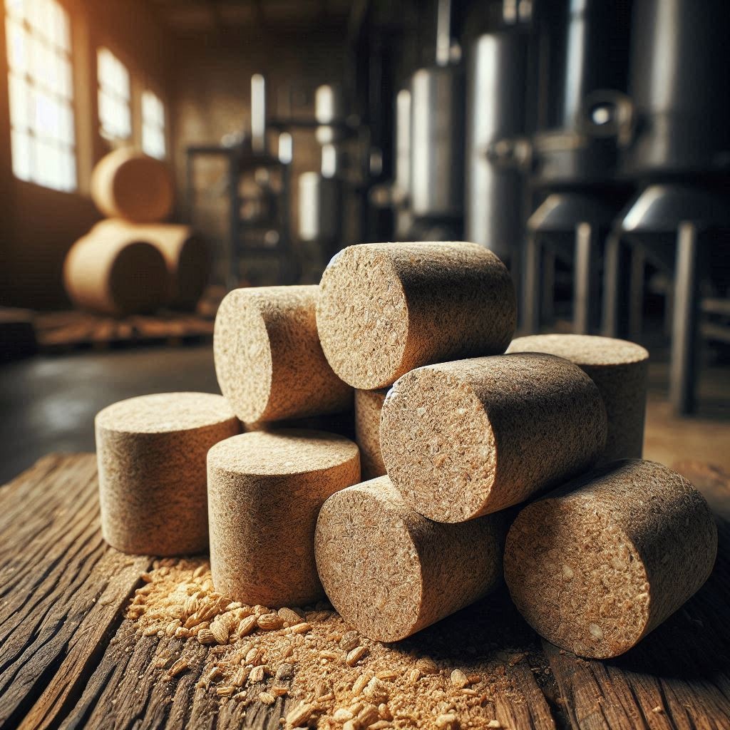 Biomass briquettes stacked for storage